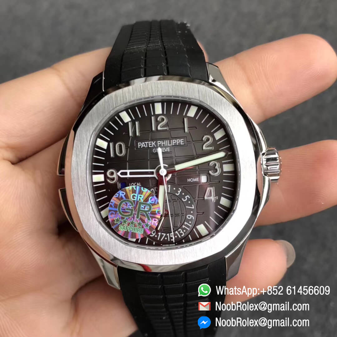 Patek Philippe Aquanaut 5164A Stainless Steel Case Grey Dial GMT Display on Black Rubber Strap A324 Movement GR Factory Best Clone Quality