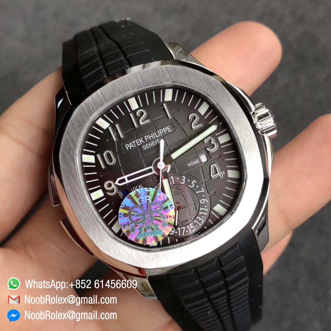 Patek Philippe Aquanaut 5164A Stainless Steel Case Grey Dial GMT Display on Black Rubber Strap A324 Movement GR Factory Best Clone Quality