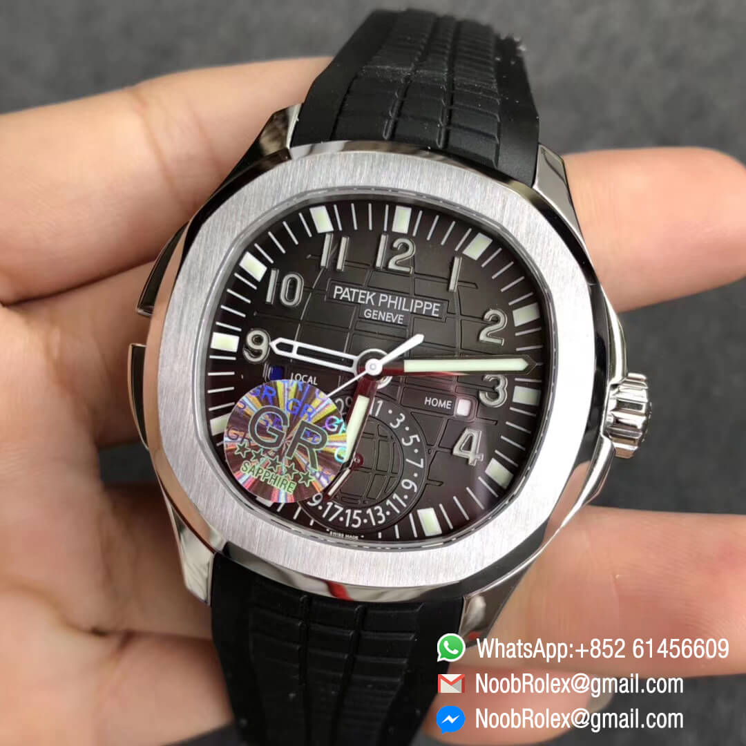 Patek Philippe Aquanaut 5164A Stainless Steel Case Grey Dial GMT Display on Black Rubber Strap A324 Movement GR Factory Best Clone Quality