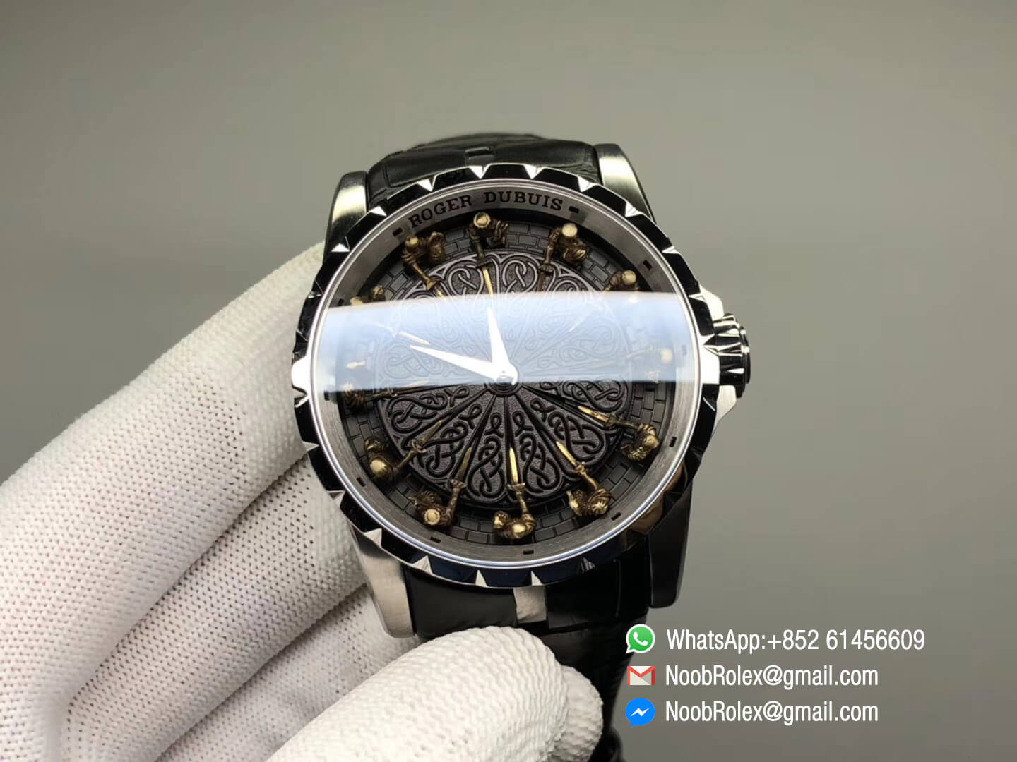 Excalibur Knights of the Round Table II Stainless Steel Black Dial on Black Leather Strap Japan MIYOTA 6T15 V2