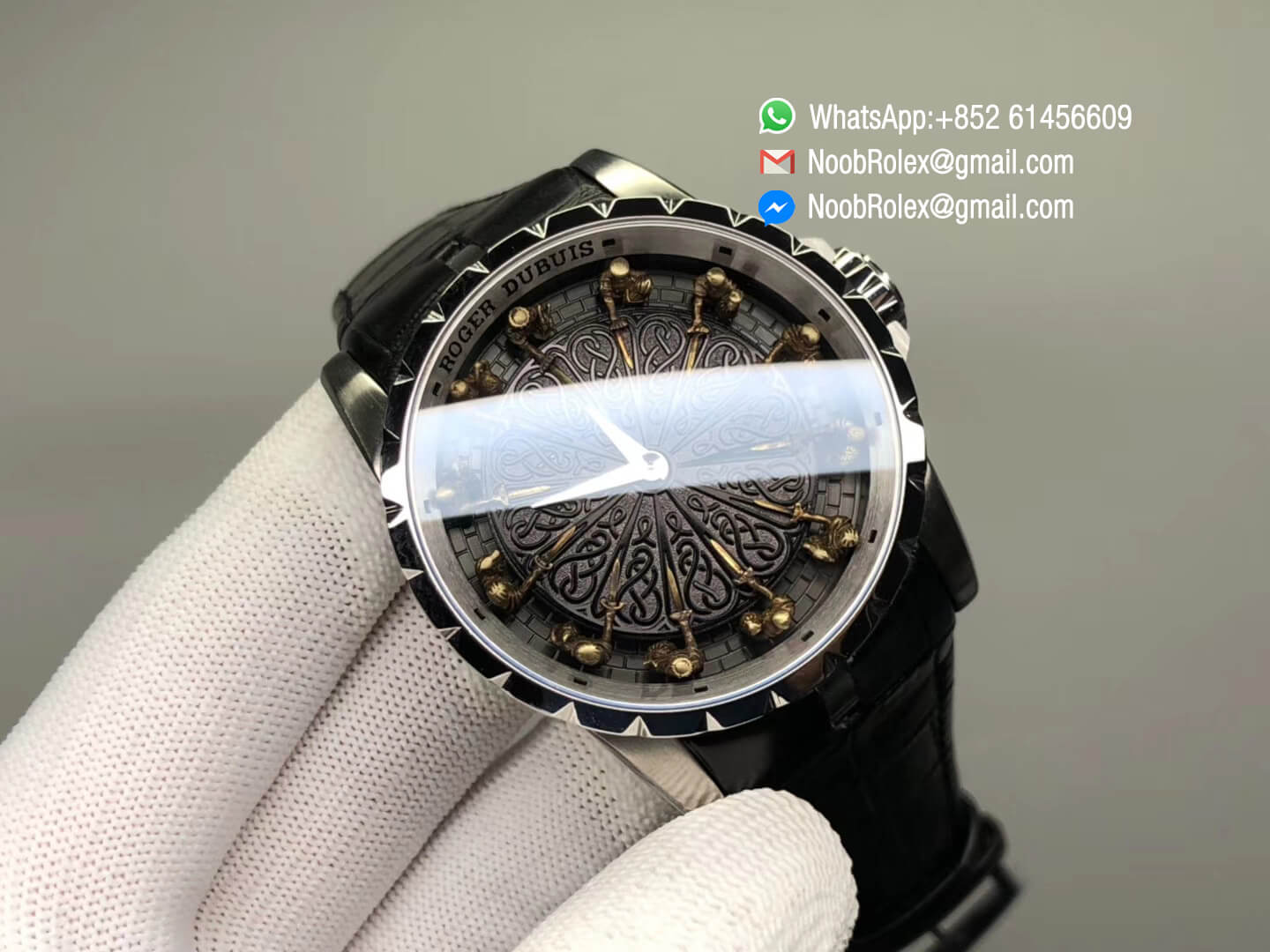 Excalibur Knights of the Round Table II Stainless Steel Black Dial on Black Leather Strap Japan MIYOTA 6T15 V2