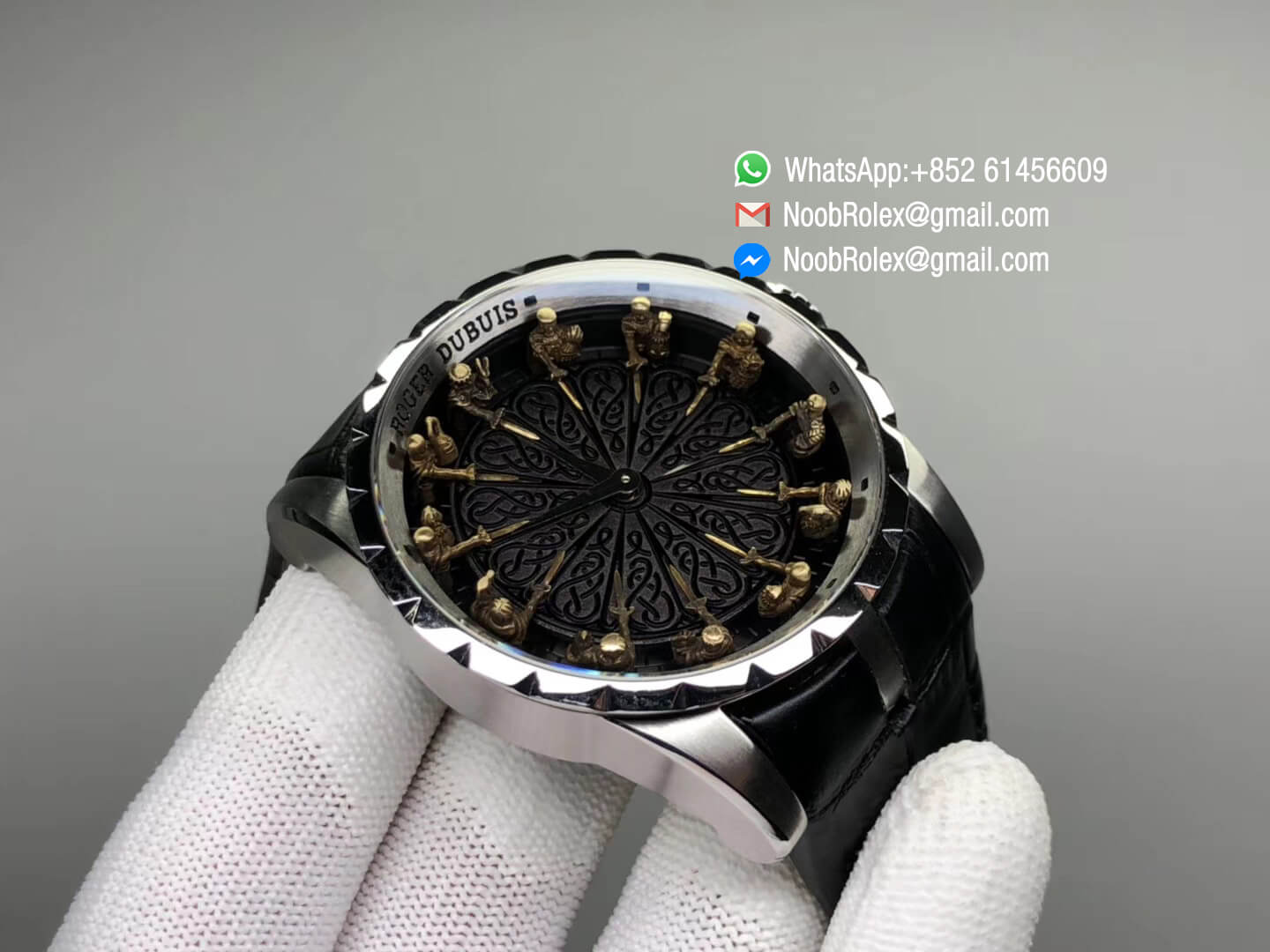 Excalibur Knights of the Round Table II Stainless Steel Black Dial on Black Leather Strap Japan MIYOTA 6T15 V2