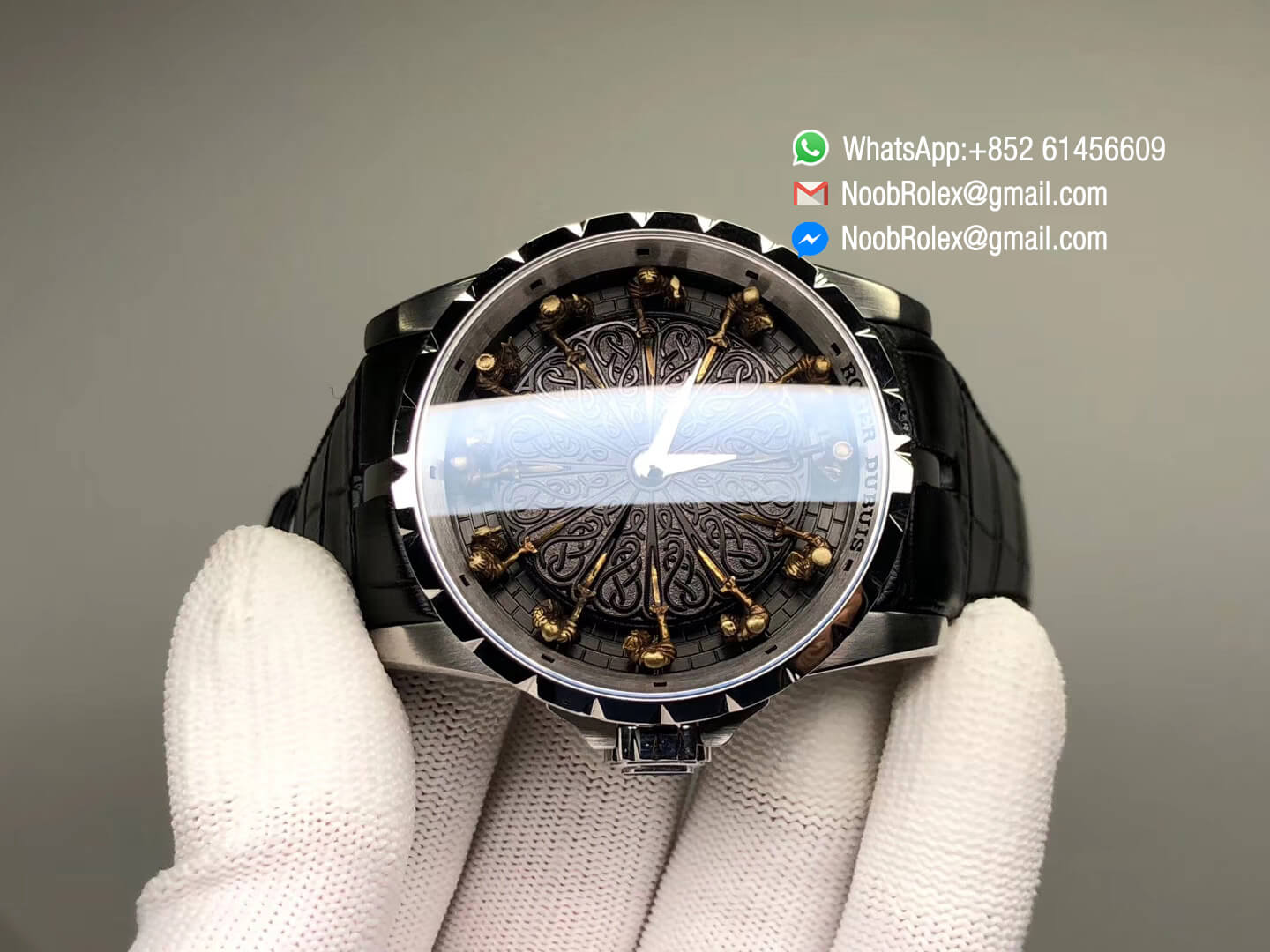 Excalibur Knights of the Round Table II Stainless Steel Black Dial on Black Leather Strap Japan MIYOTA 6T15 V2