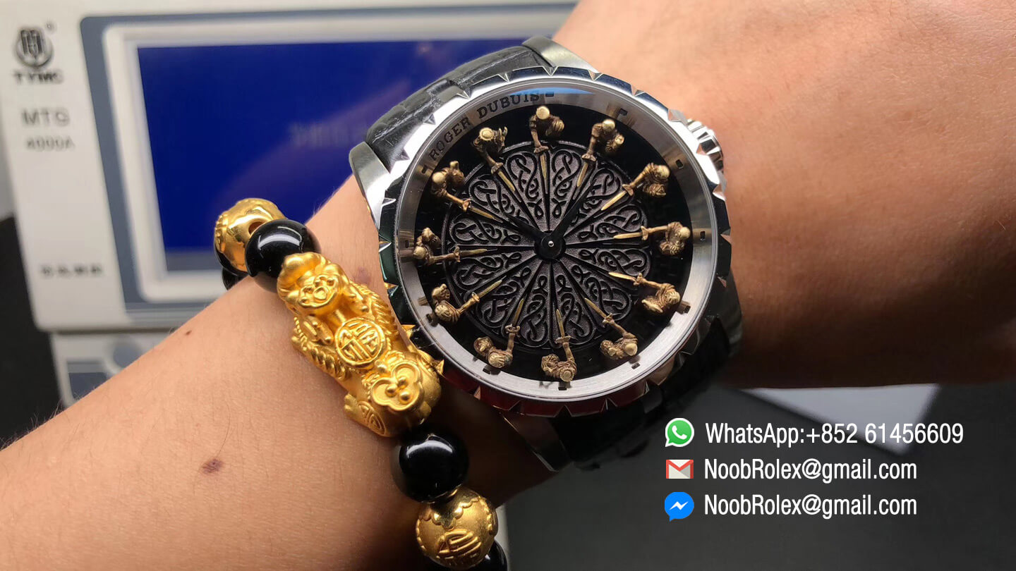 Excalibur Knights of the Round Table II Stainless Steel Black Dial on Black Leather Strap Japan MIYOTA 6T15 V2