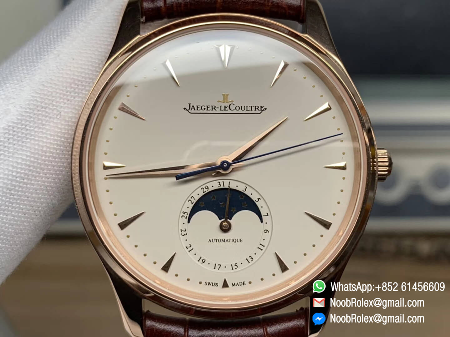 Jaeger LeCoultre Master Ultra Thin Q1362520 ZF Best 1:1 Rep Edition Moonphase Rose Gold Case White Dial on Brown Leather Strap A925