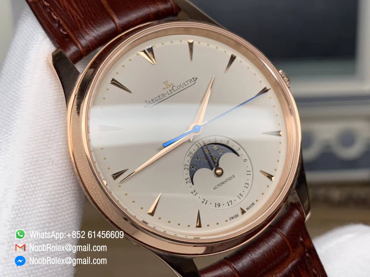 Jaeger LeCoultre Master Ultra Thin Q1362520 ZF Best 1:1 Rep Edition Moonphase Rose Gold Case White Dial on Brown Leather Strap A925