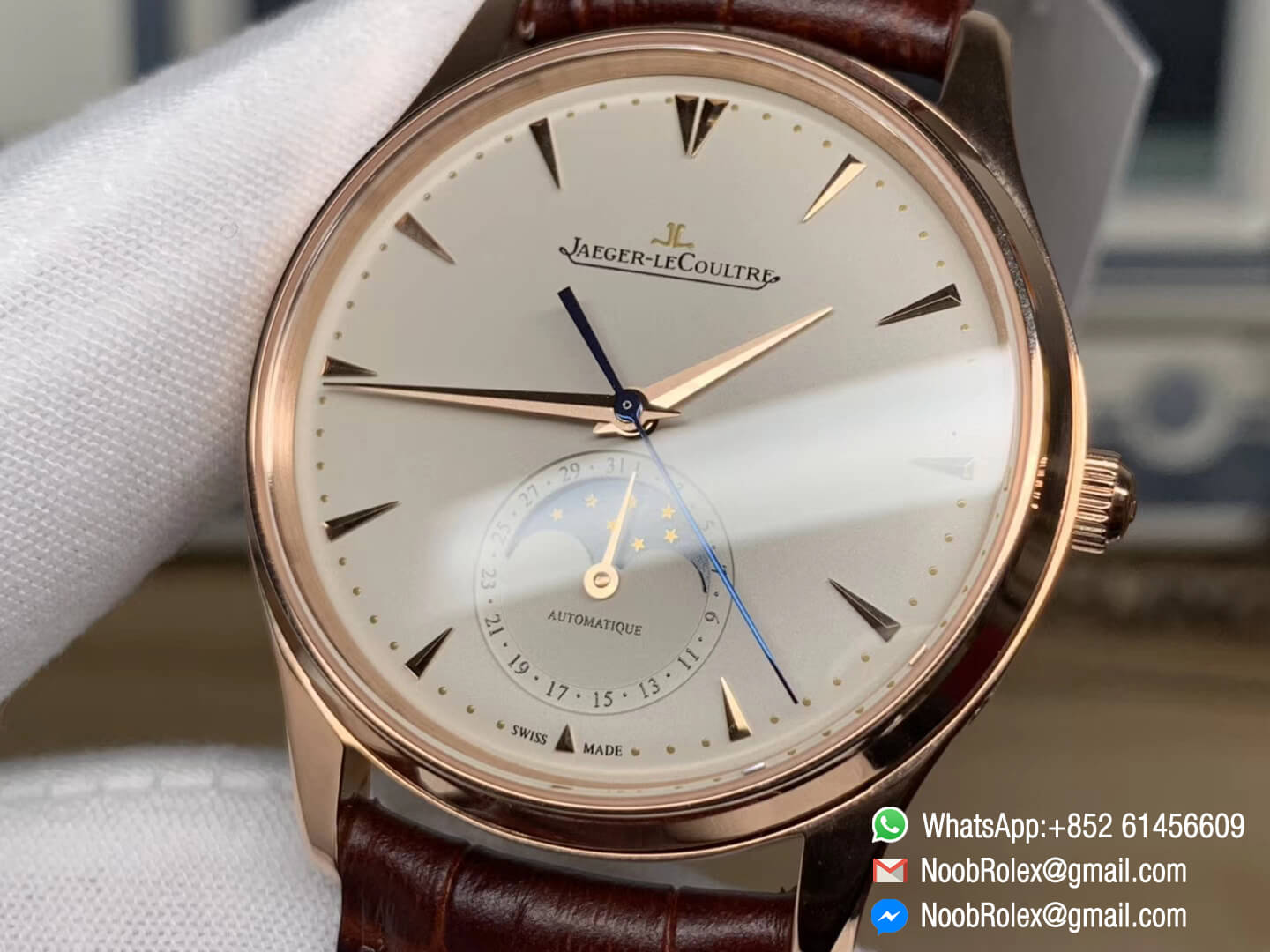 Jaeger LeCoultre Master Ultra Thin Q1362520 ZF Best 1:1 Rep Edition Moonphase Rose Gold Case White Dial on Brown Leather Strap A925