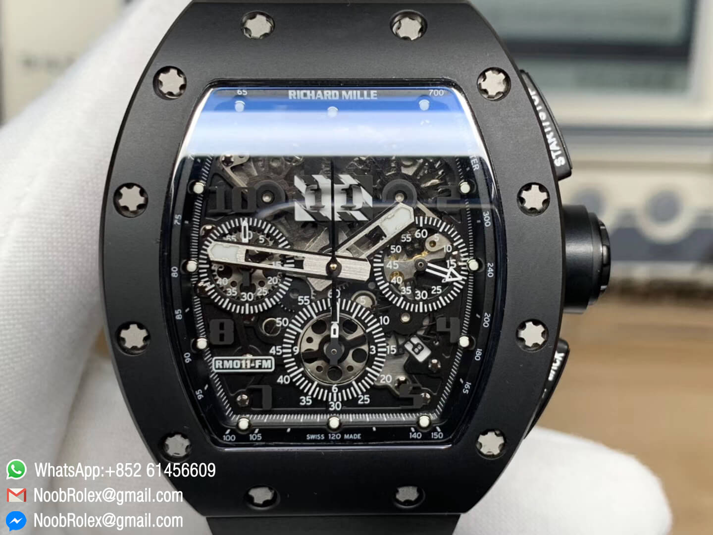Richard Mille RM011-FM Real Ceramic Case Chronograph Rep Watch Crystal Skeleton Dial Black on Black Rubber Strap A7750 KVF 1:1 Best Edition