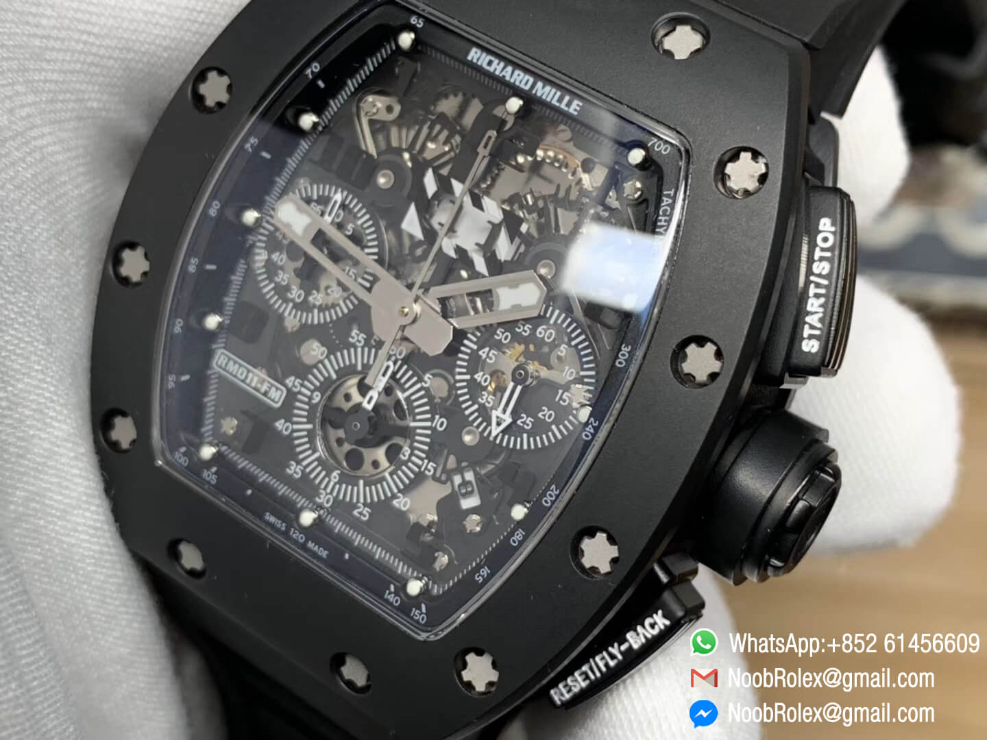 Richard Mille RM011-FM Real Ceramic Case Chronograph Rep Watch Crystal Skeleton Dial Black on Black Rubber Strap A7750 KVF 1:1 Best Edition