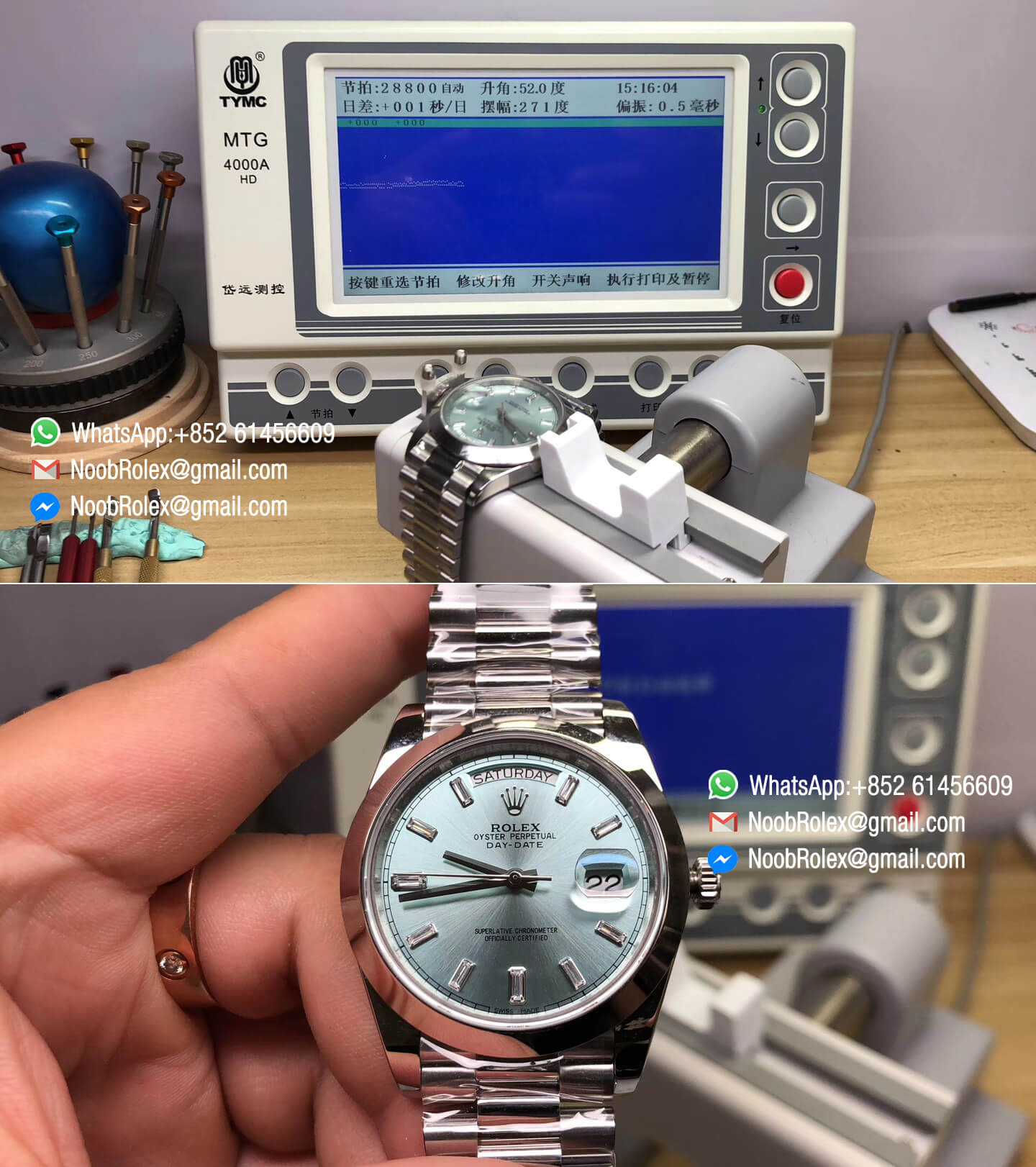 Day-Date II Day Date Stainless Steel Case & Bracelet Polished Bezel with Ice Blue Dial and Crystal Markers 1:1 Best Quality A3255