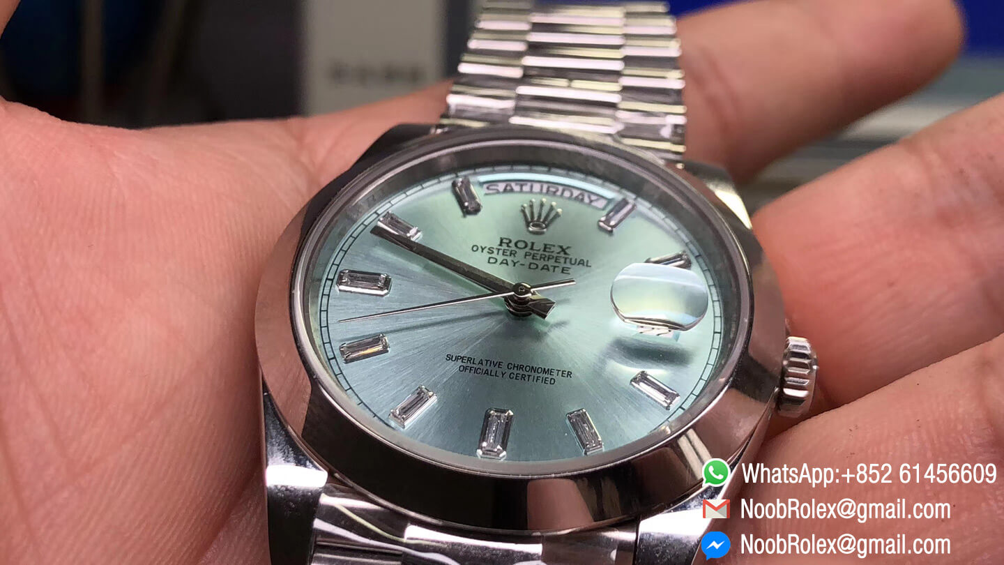 Day-Date II Day Date Stainless Steel Case & Bracelet Polished Bezel with Ice Blue Dial and Crystal Markers 1:1 Best Quality A3255