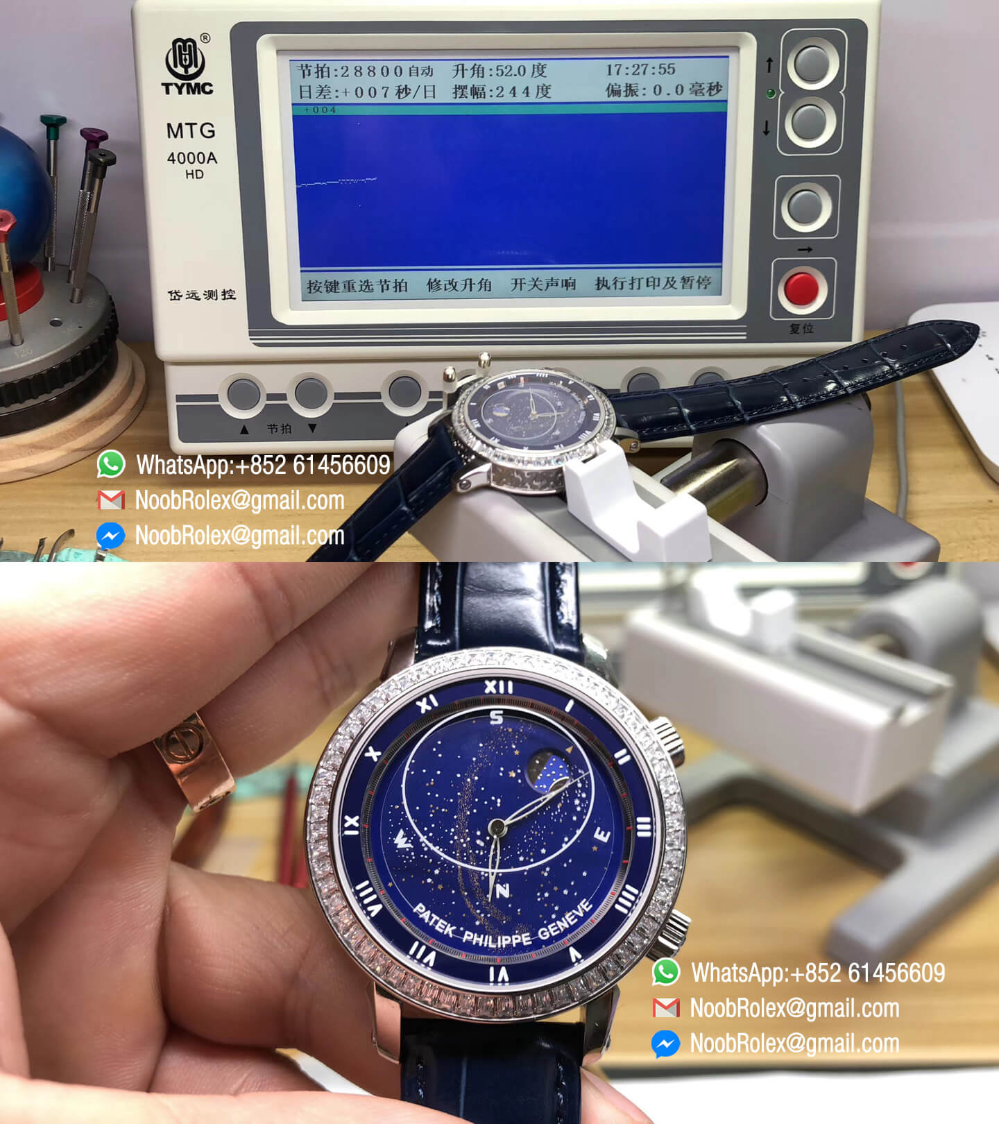 Grand Complications 6104P Celestial Rotating Moonphase Blue Dial with Diamond Bezel on Blue Leather Strap A240 TWF Top Quality