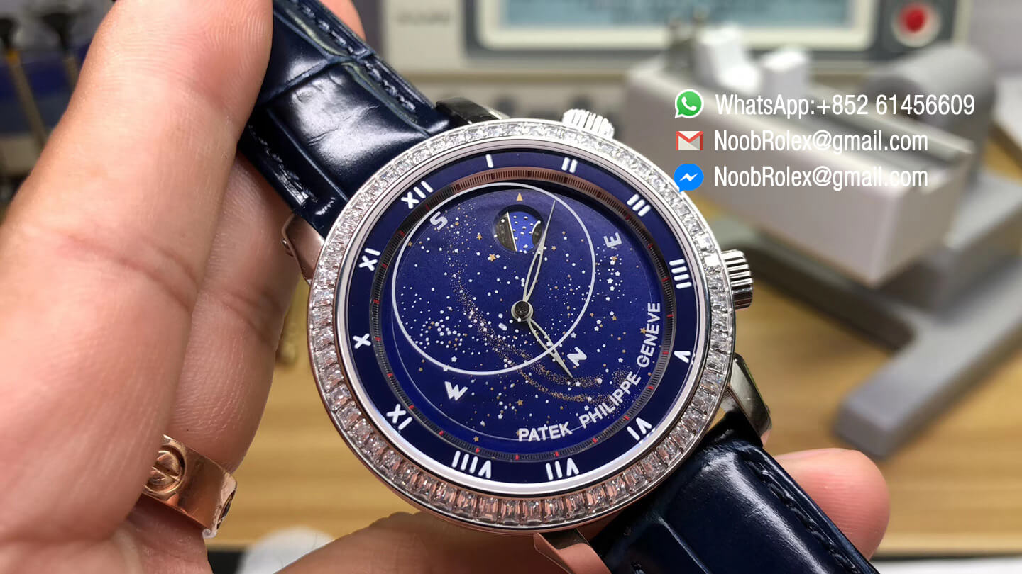 Grand Complications 6104P Celestial Rotating Moonphase Blue Dial with Diamond Bezel on Blue Leather Strap A240 TWF Top Quality