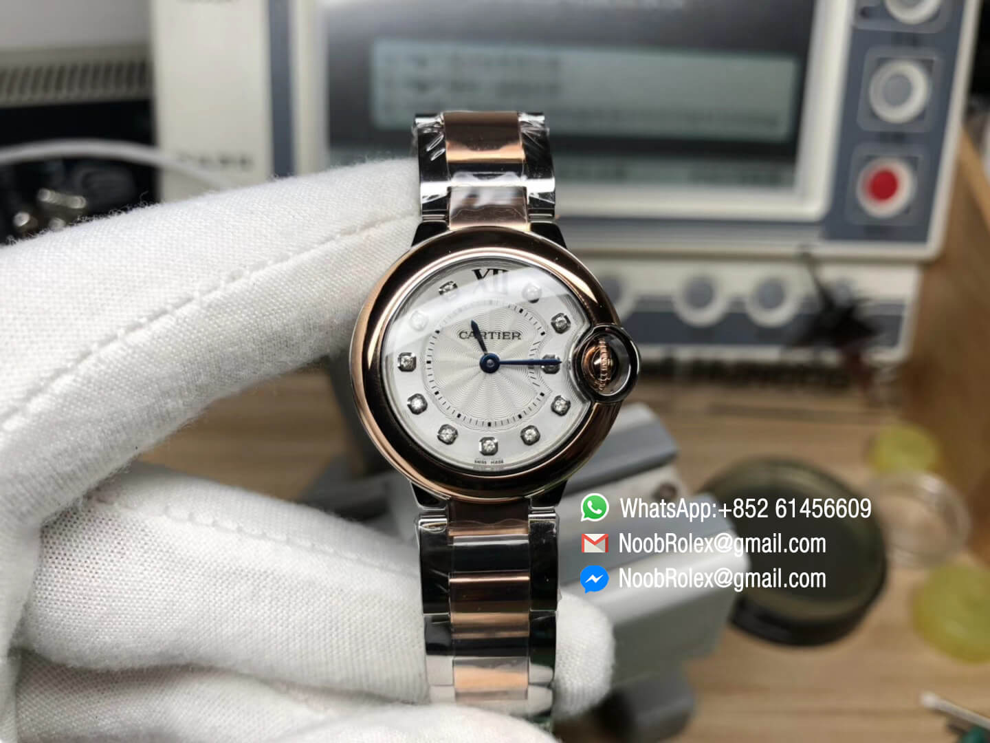 Ballon Bleu 28mm Rose Gold Case Diamonds Markers White Dial on Steel and Rose Gold Two Tone Bracelet Swiss Ronda Quartz