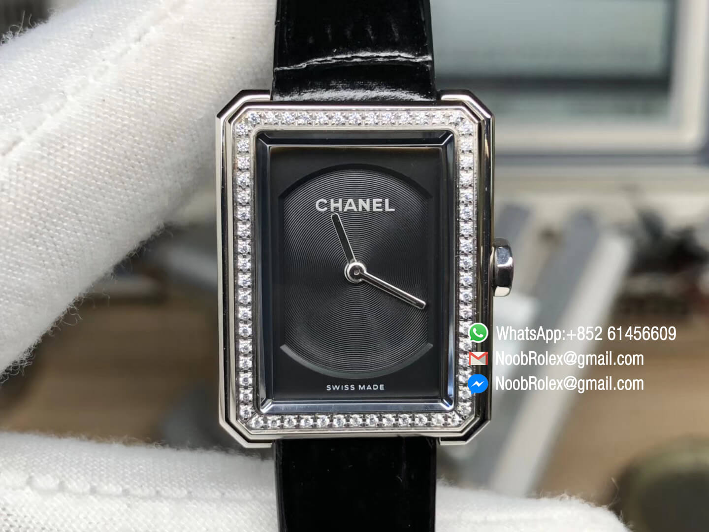 Boy∙Friend Watch H4883 in Steel Case and Diamond Bezel on Black Alligator Leather Strap with Black Dial Top Quality