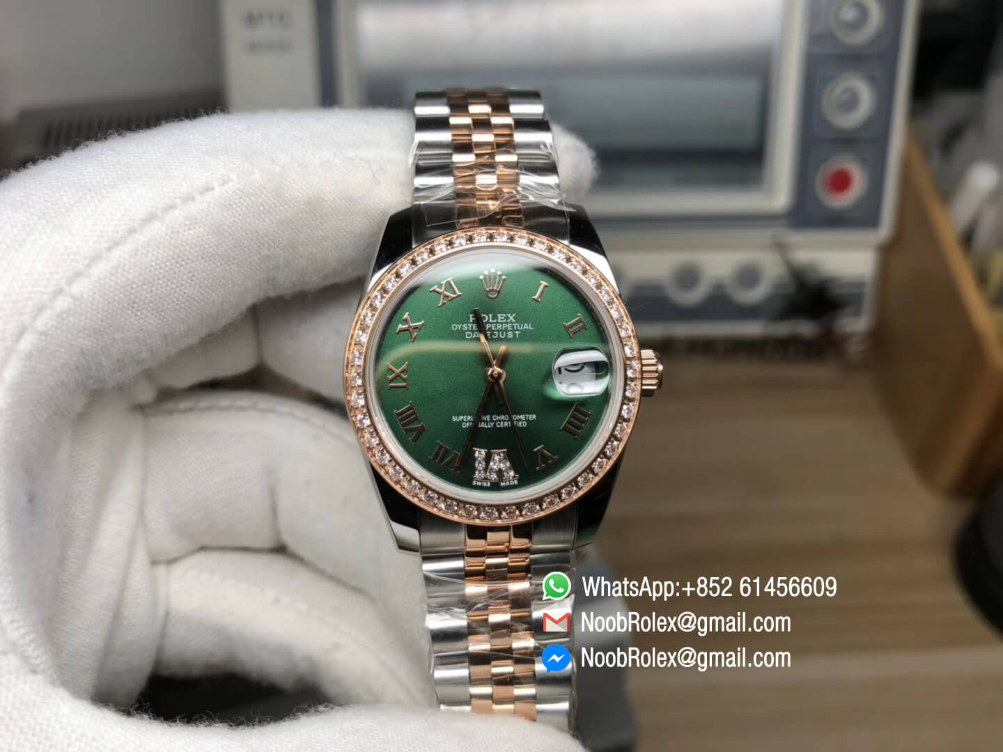 Rolex DateJust 36 Steel & Rose Gold 126283 Green Dial Diamond Bezel Roman Markers A2824 Best Edition