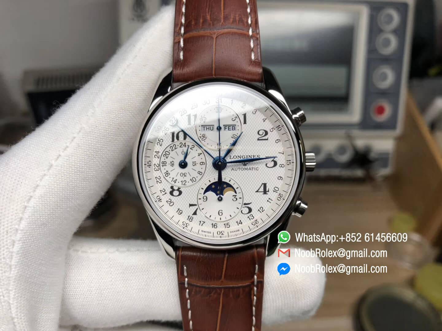 Longines Master Complications L2.773.4.78.3 L27734783 Moonphase Chronograph Steel Case White Dial on Brown Leather Strap A7751 LGF 1:1 Top Quality Best Edition