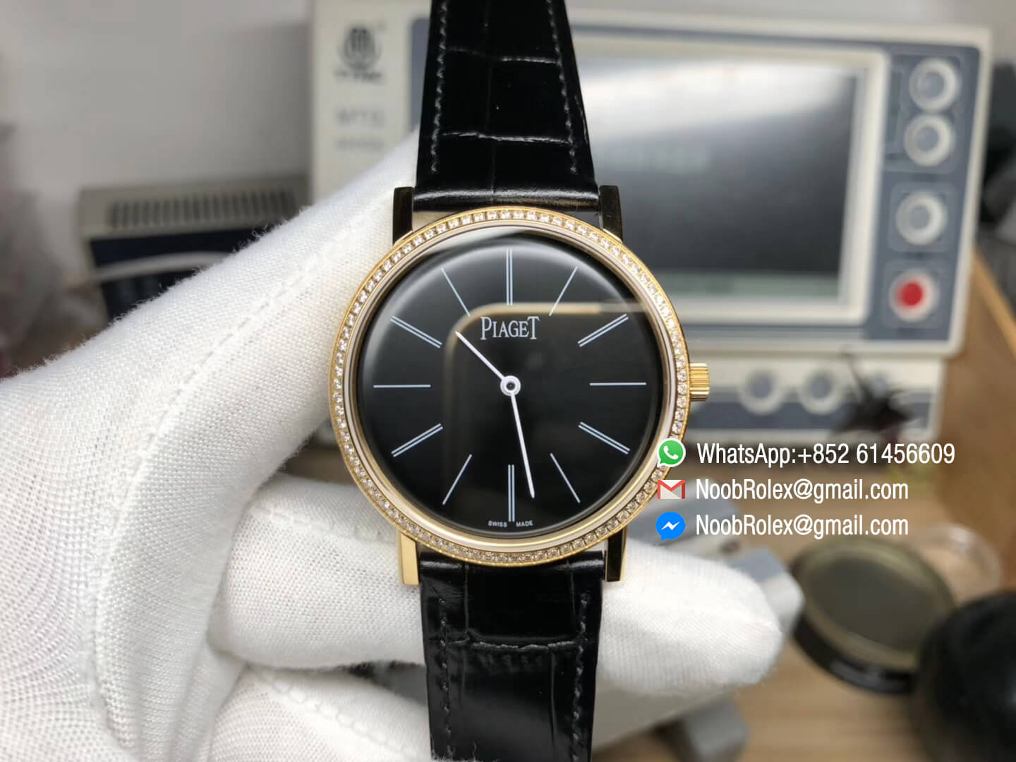 Piaget Altiplano Watch Yello Gold Case Black Dial with Diamonds Bezel on Black Leather Strap MIYOTA 9015 OX Factory 1:1 Best Edition