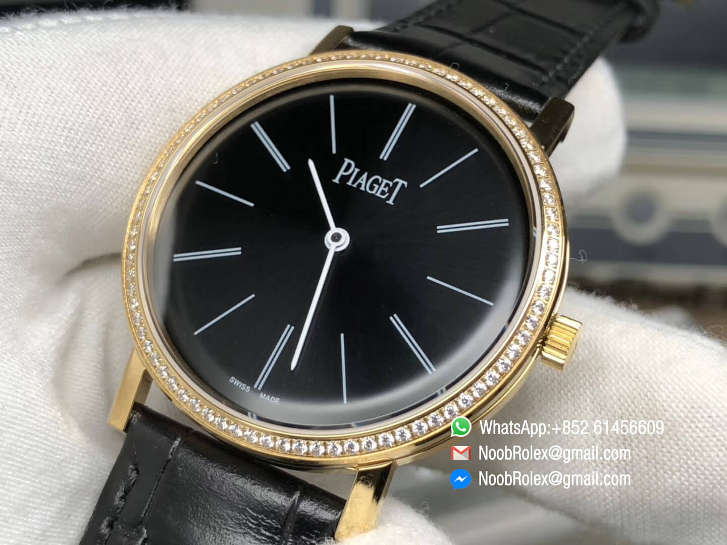 Piaget Altiplano Watch Yello Gold Case Black Dial with Diamonds Bezel on Black Leather Strap MIYOTA 9015 OX Factory 1:1 Best Edition