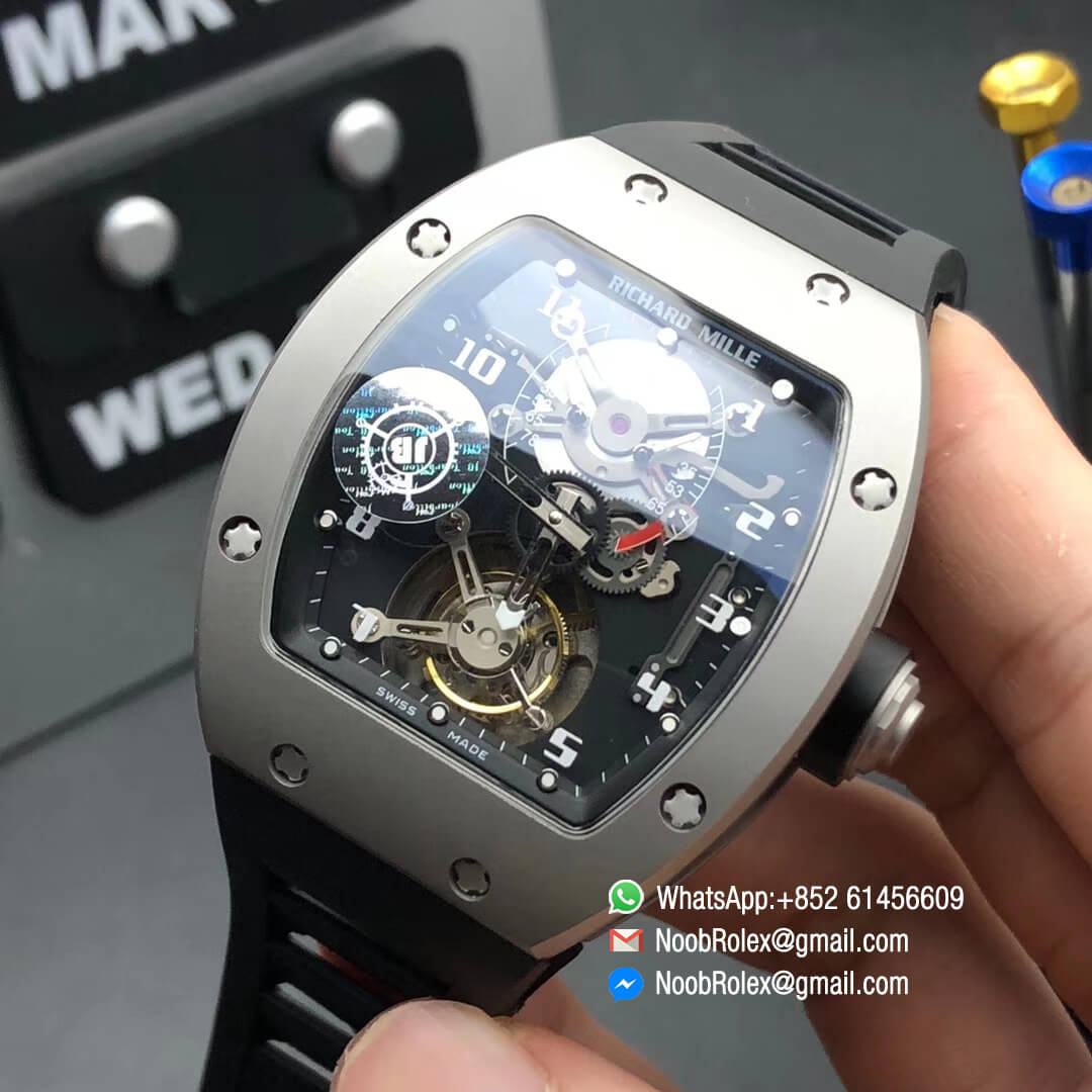 Richard Mille RM001 Tourbillon Sandblasted Steel Case Black Dial on Black Leather Strap JB Factory 1:1 Best Edition