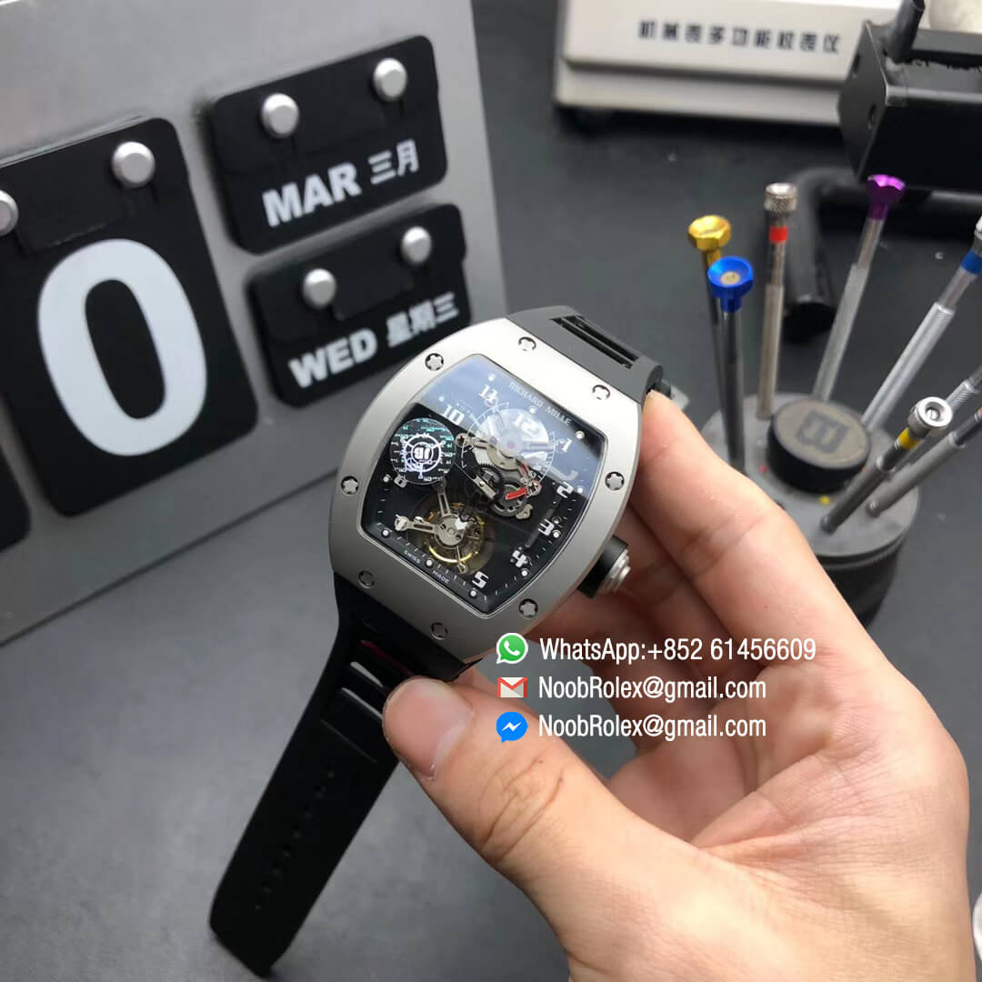 Richard Mille RM001 Tourbillon Sandblasted Steel Case Black Dial on Black Leather Strap JB Factory 1:1 Best Edition