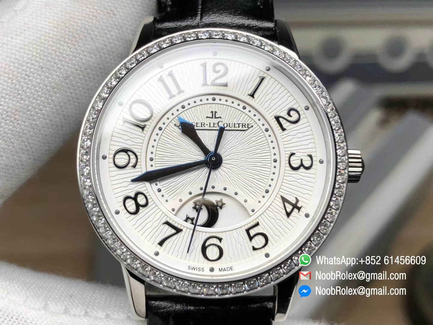 Rendez-Vous Night & Day Steel Case White Textured Dial Diamonds Bezel on Black Leather Strap A898 ZF Best Quality Edition