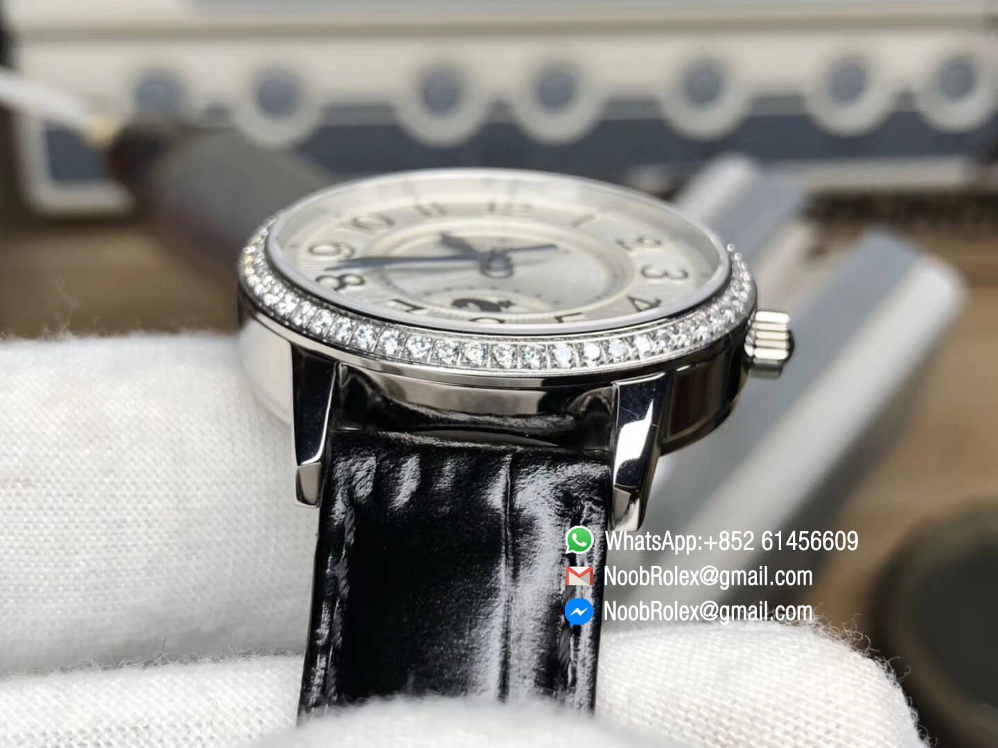 Rendez-Vous Night & Day Steel Case White Textured Dial Diamonds Bezel on Black Leather Strap A898 ZF Best Quality Edition
