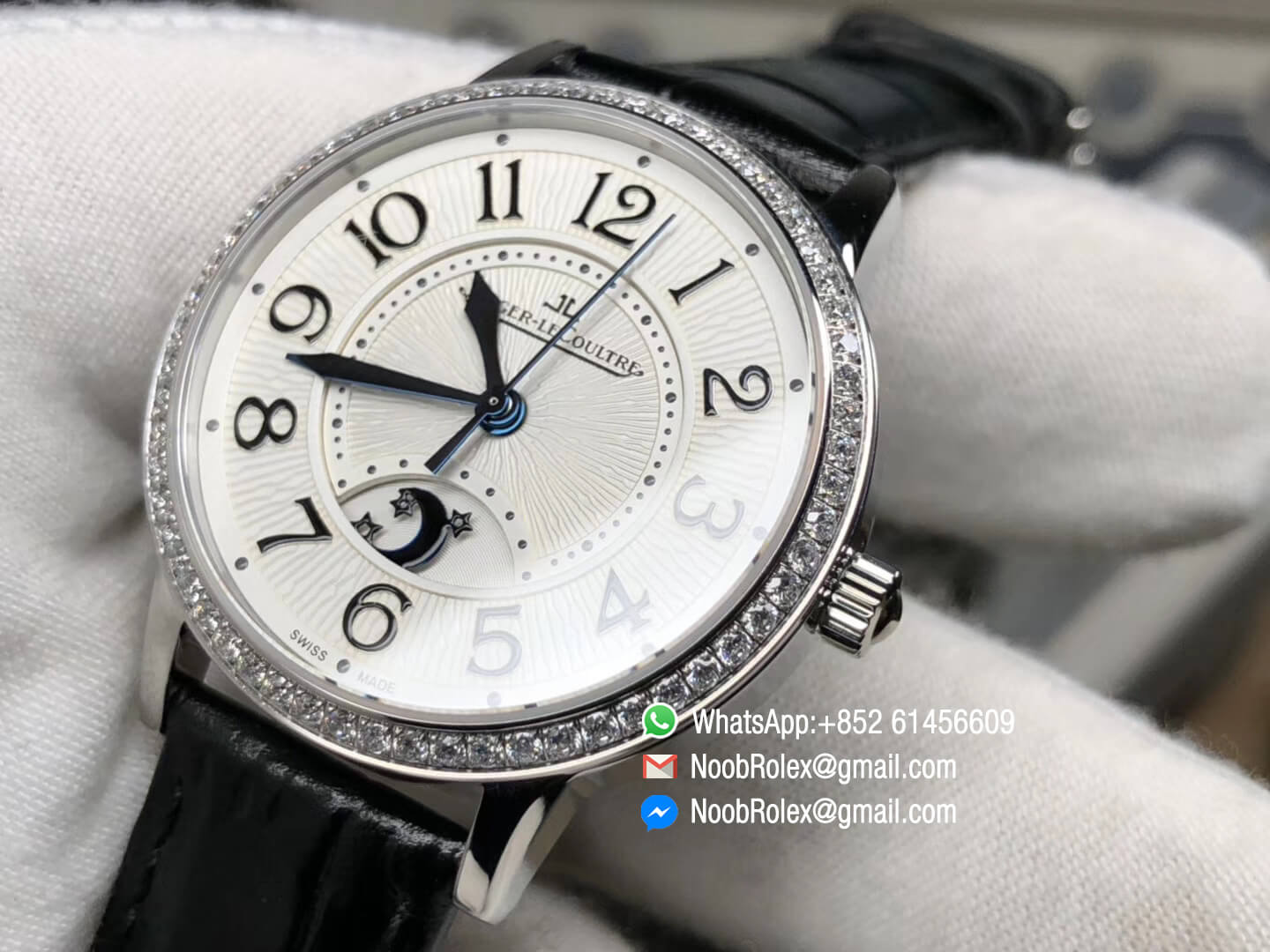 Rendez-Vous Night & Day Steel Case White Textured Dial Diamonds Bezel on Black Leather Strap A898 ZF Best Quality Edition
