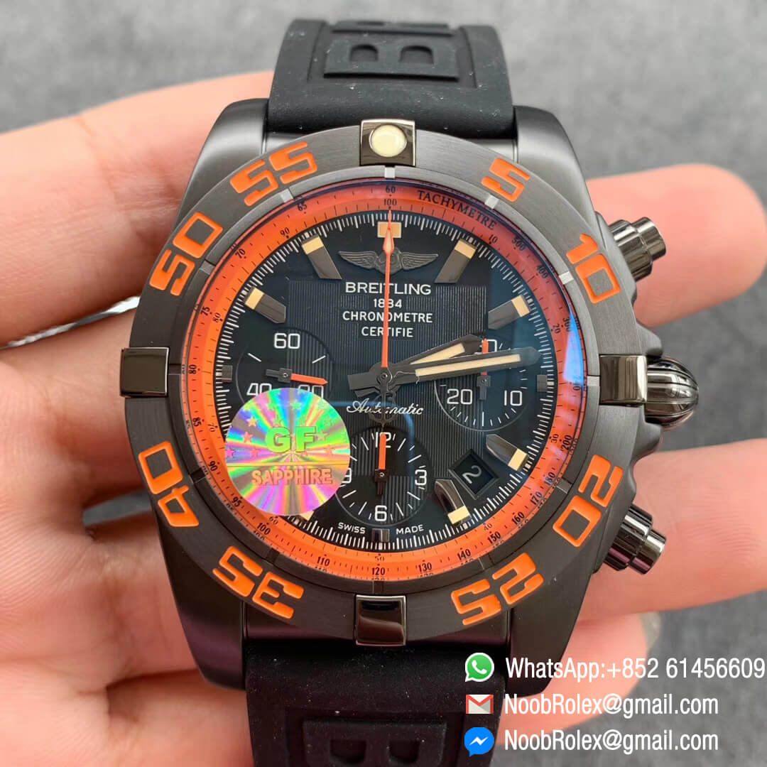 Chronomat Chronograph Watch 44mm Blacksteel Orange Black Dial on Black Rubber Strap A7750 GF 1:1 Clone Best Quality
