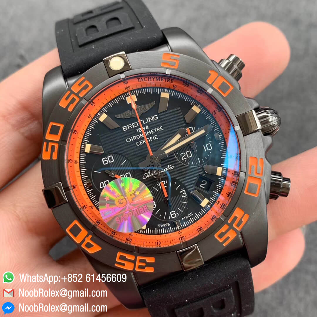 Chronomat Chronograph Watch 44mm Blacksteel Orange Black Dial on Black Rubber Strap A7750 GF 1:1 Clone Best Quality