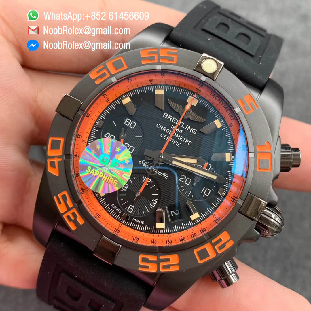 Chronomat Chronograph Watch 44mm Blacksteel Orange Black Dial on Black Rubber Strap A7750 GF 1:1 Clone Best Quality