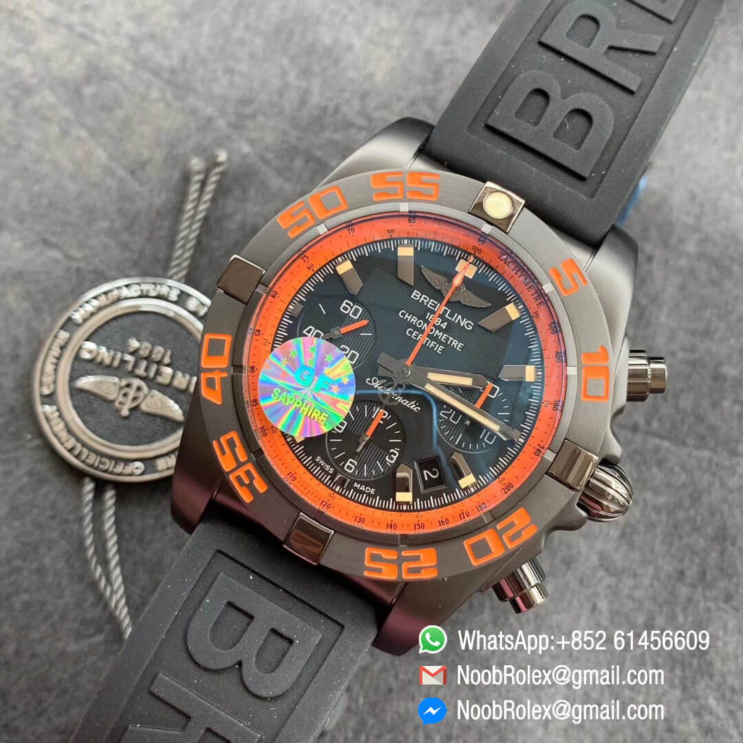 Chronomat Chronograph Watch 44mm Blacksteel Orange Black Dial on Black Rubber Strap A7750 GF 1:1 Clone Best Quality