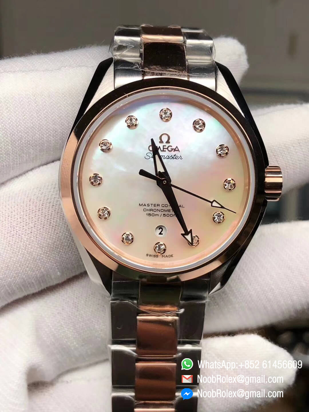 Aqua Terra 150M 34mm Ladies Watch Stainless Steel Case Pink MOP Dial Rose Gold Bezel on Two Tone Steel in Rose Gold Bracelet A8520 3SF Best Edition