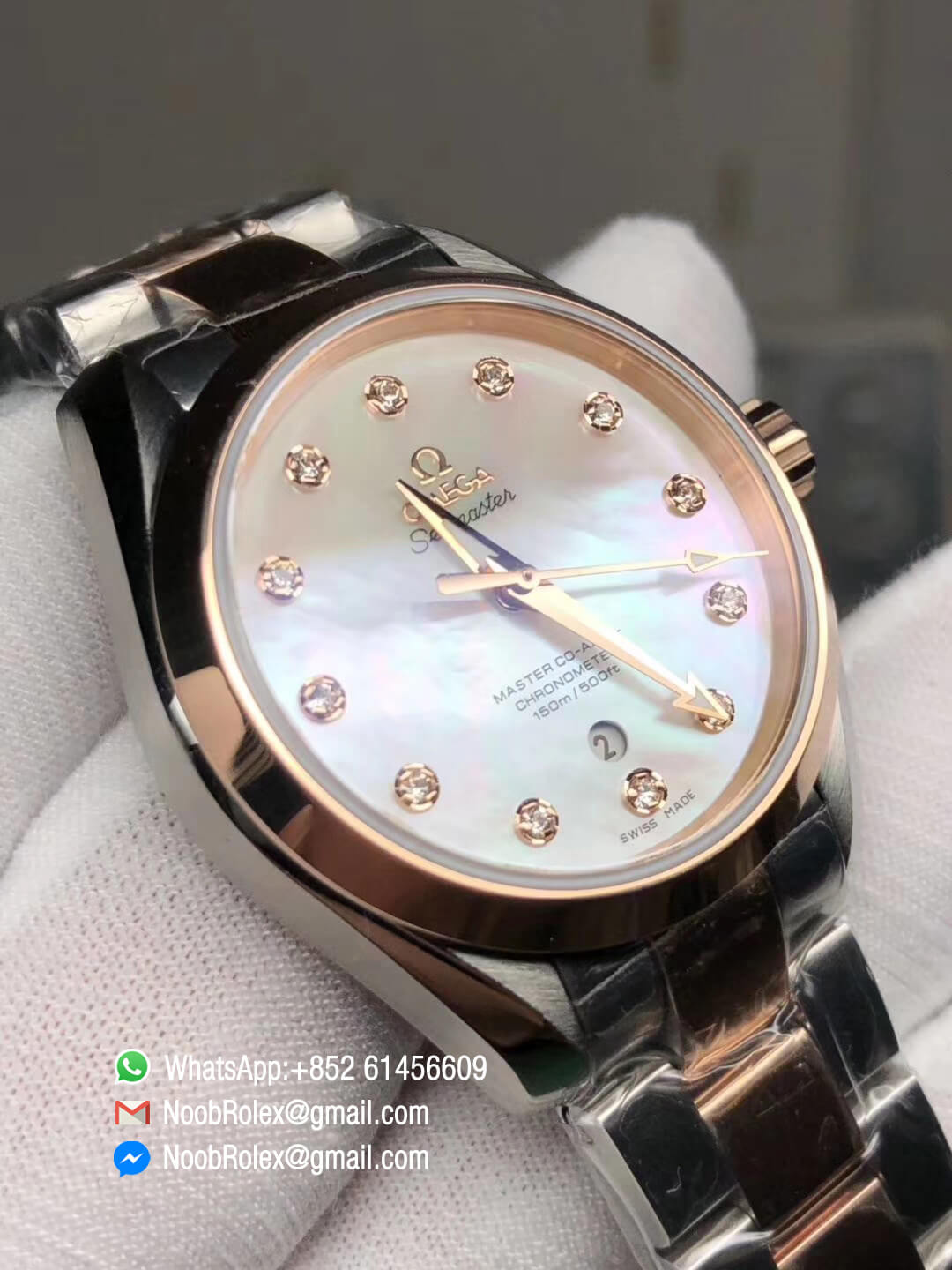 Aqua Terra 150M 34mm Ladies Watch Stainless Steel Case Pink MOP Dial Rose Gold Bezel on Two Tone Steel in Rose Gold Bracelet A8520 3SF Best Edition