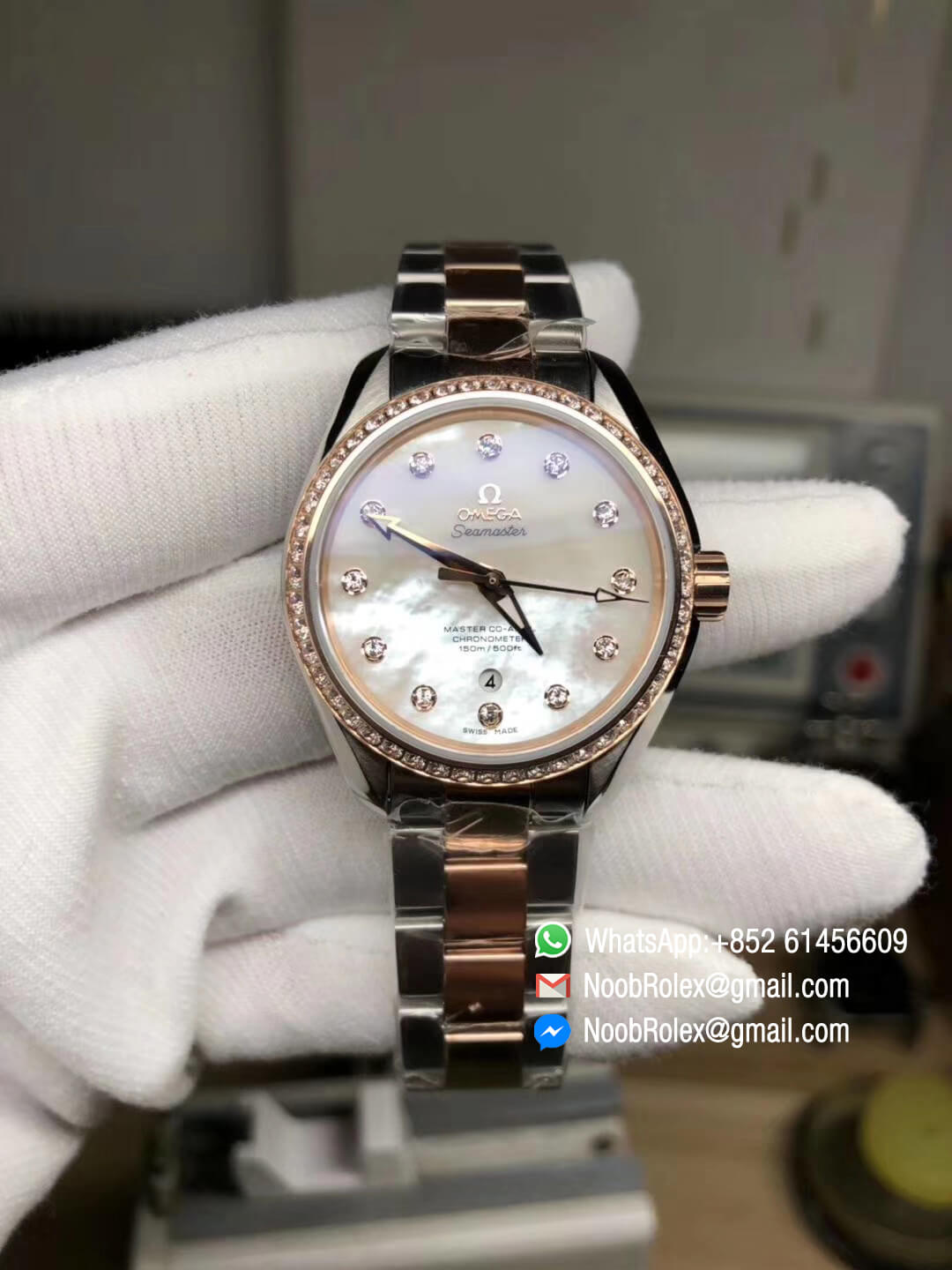 Aqua Terra 150M 34mm Ladies Watch Stainless Steel Case Pink MOP Dial Rose Gold Bezel with Diamonds on Two Tone Steel in Rose Gold Bracelet A8520 3SF Best Edition