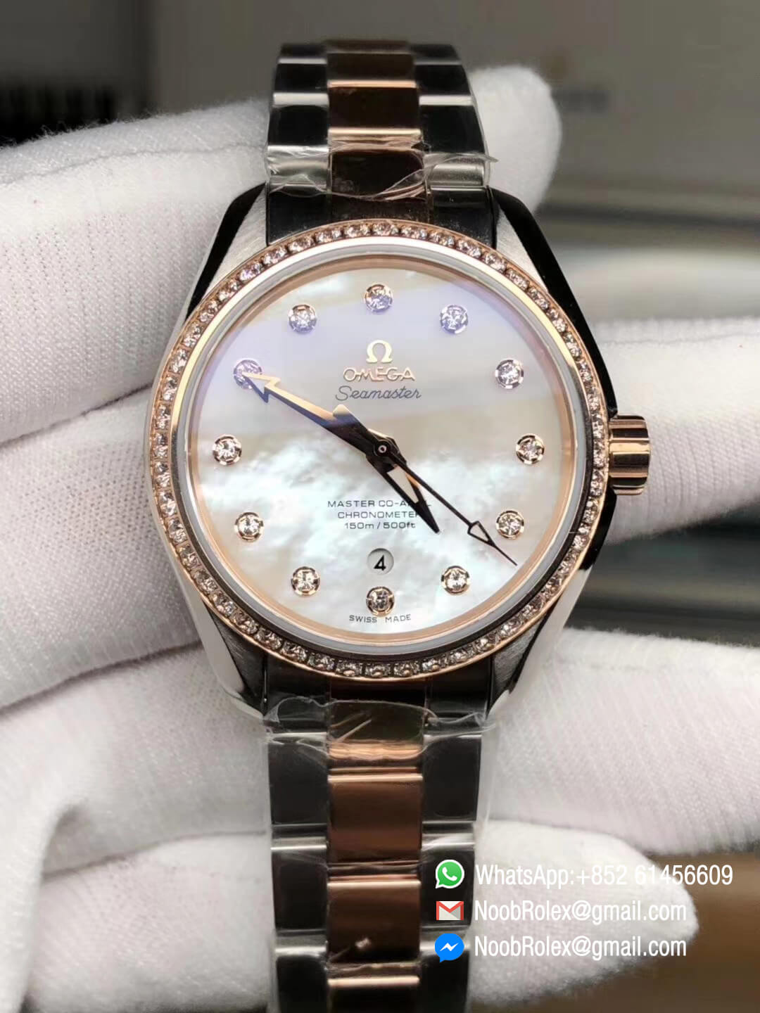 Aqua Terra 150M 34mm Ladies Watch Stainless Steel Case Pink MOP Dial Rose Gold Bezel with Diamonds on Two Tone Steel in Rose Gold Bracelet A8520 3SF Best Edition