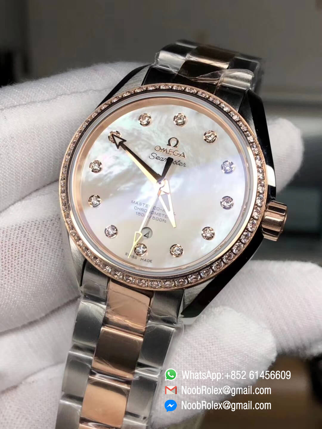 Aqua Terra 150M 34mm Ladies Watch Stainless Steel Case Pink MOP Dial Rose Gold Bezel with Diamonds on Two Tone Steel in Rose Gold Bracelet A8520 3SF Best Edition