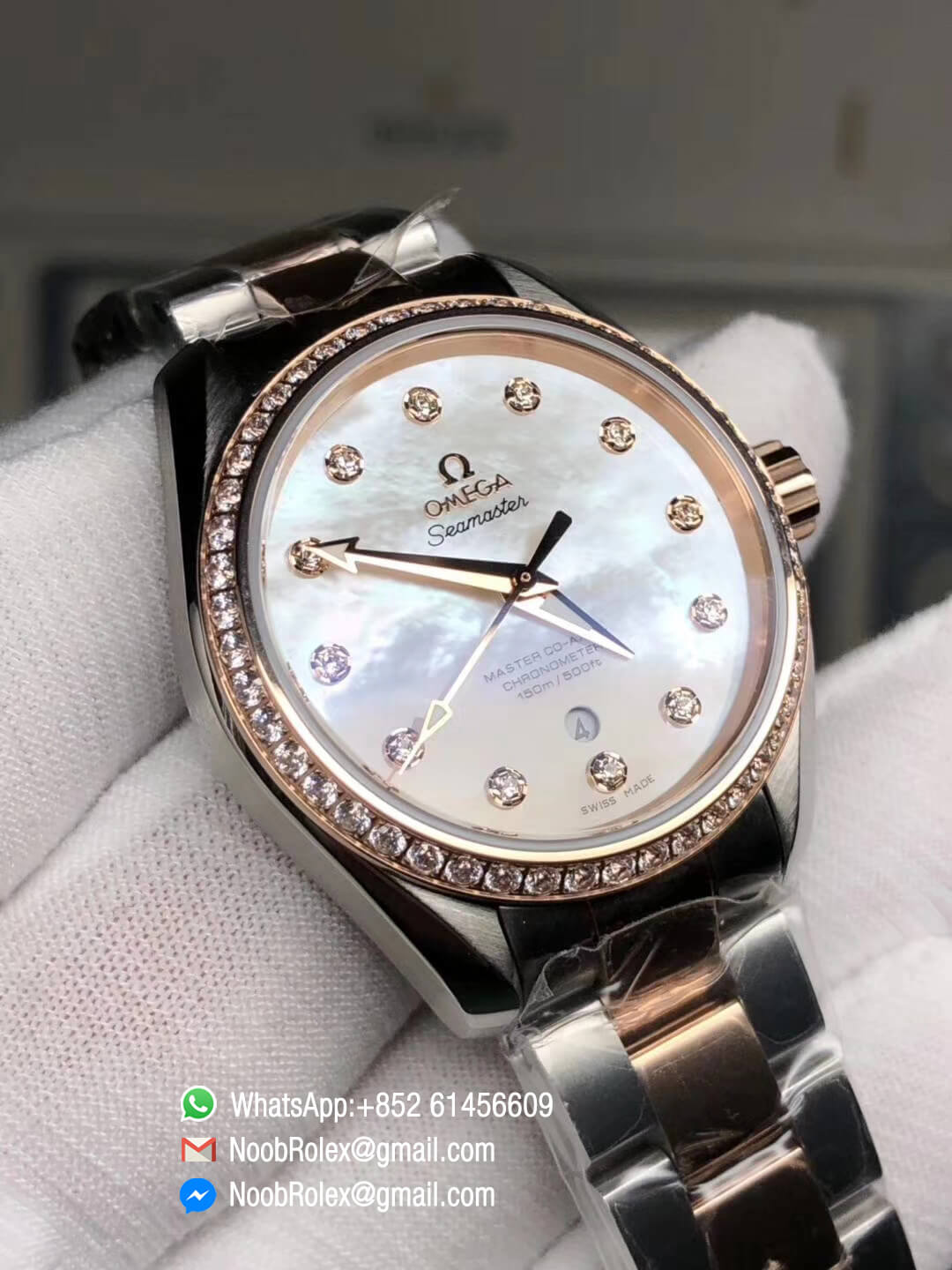 Aqua Terra 150M 34mm Ladies Watch Stainless Steel Case Pink MOP Dial Rose Gold Bezel with Diamonds on Two Tone Steel in Rose Gold Bracelet A8520 3SF Best Edition