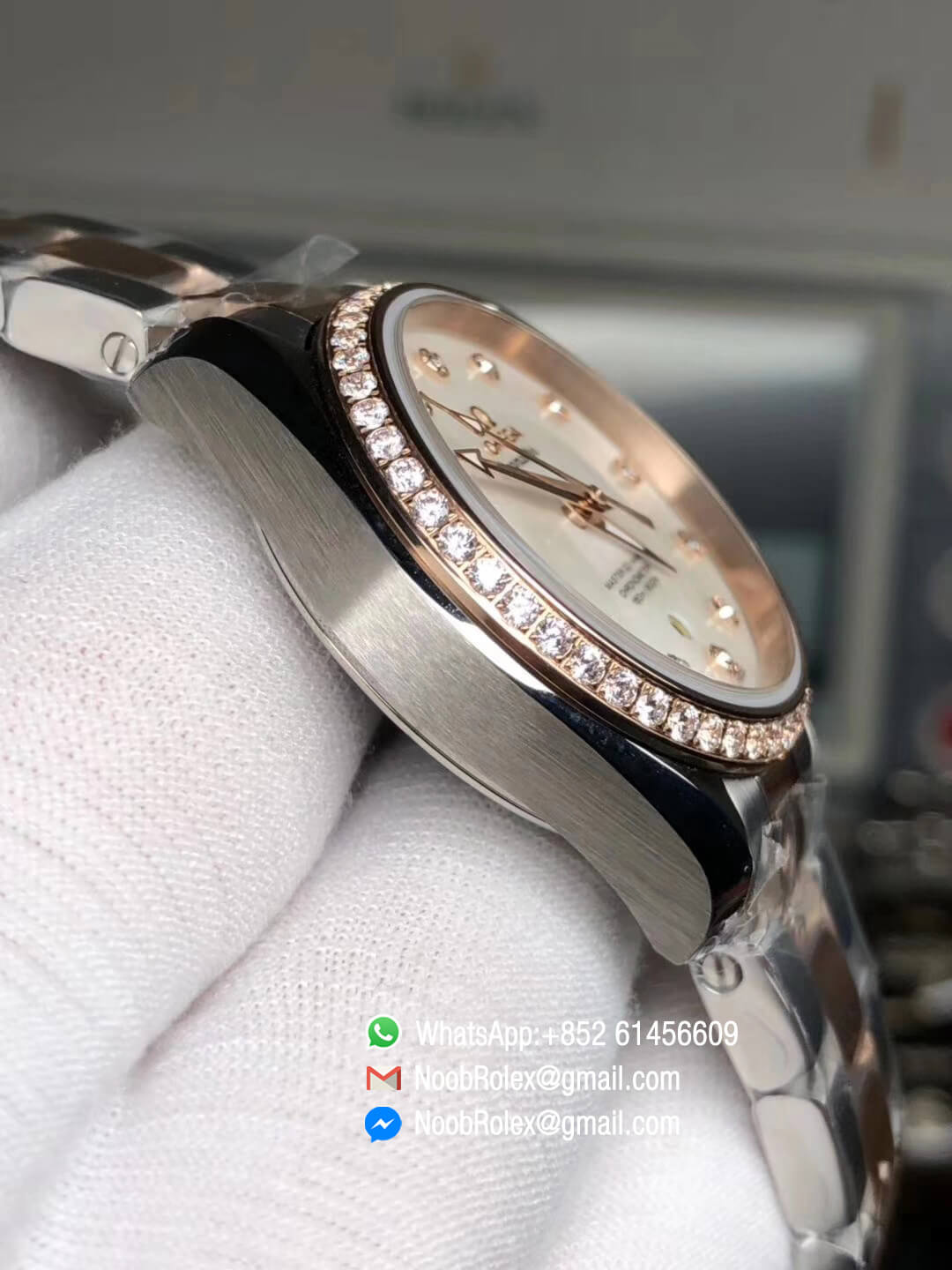 Aqua Terra 150M 34mm Ladies Watch Stainless Steel Case Pink MOP Dial Rose Gold Bezel with Diamonds on Two Tone Steel in Rose Gold Bracelet A8520 3SF Best Edition