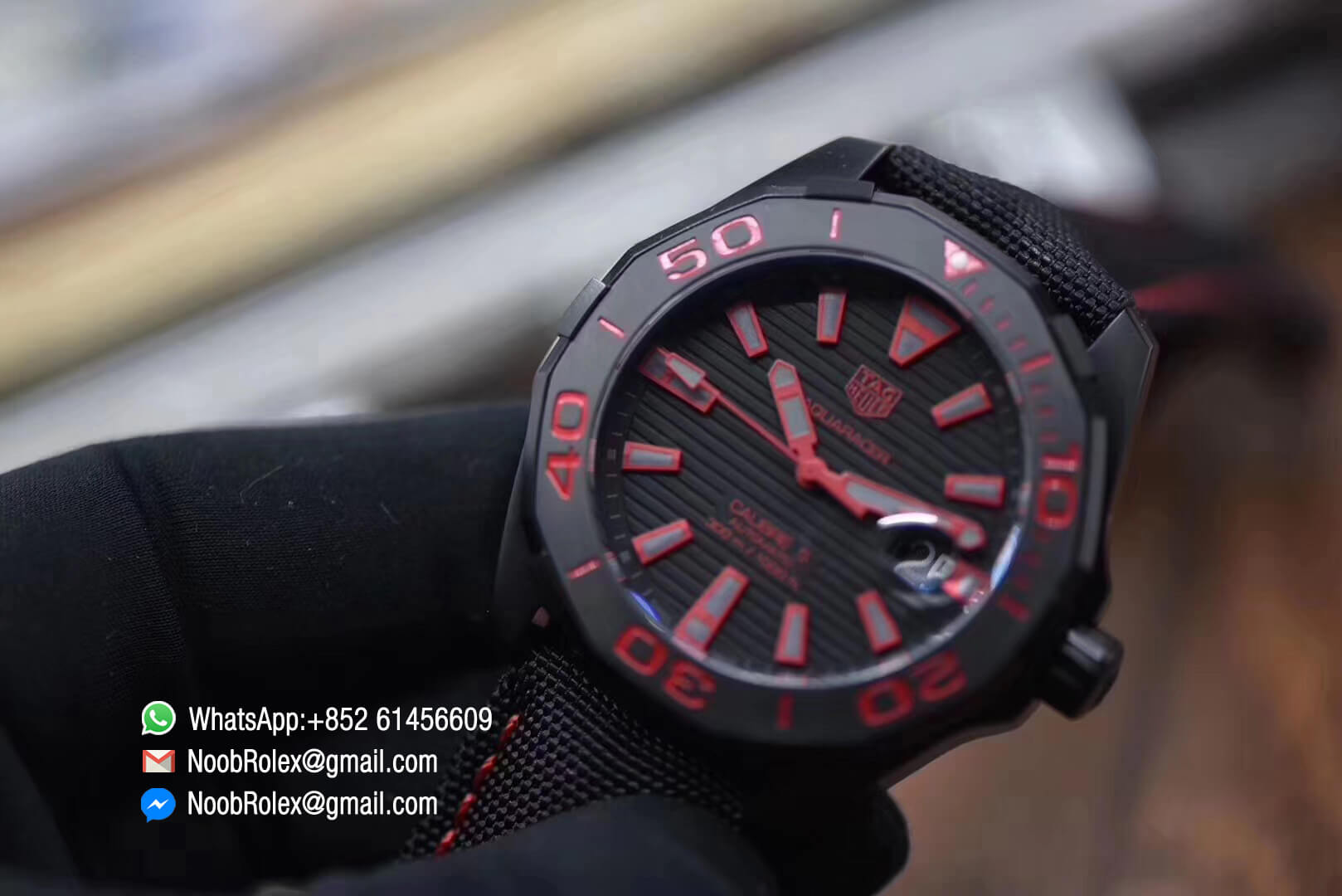 Aquaracer Calibre 5 300M PVD Plated Stainless Steel Case 43mm Black & Red Dial on Brown Nylon Strap A2824 V6F 1:1 Best Edition