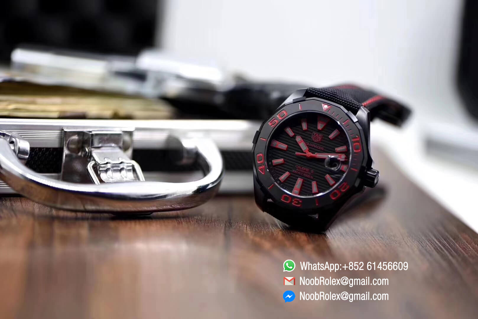 Aquaracer Calibre 5 300M PVD Plated Stainless Steel Case 43mm Black & Red Dial on Brown Nylon Strap A2824 V6F 1:1 Best Edition