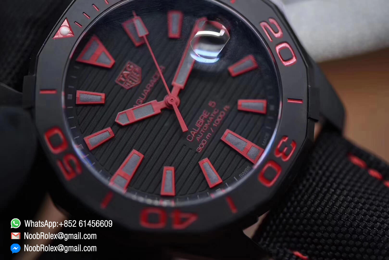 Aquaracer Calibre 5 300M PVD Plated Stainless Steel Case 43mm Black & Red Dial on Brown Nylon Strap A2824 V6F 1:1 Best Edition