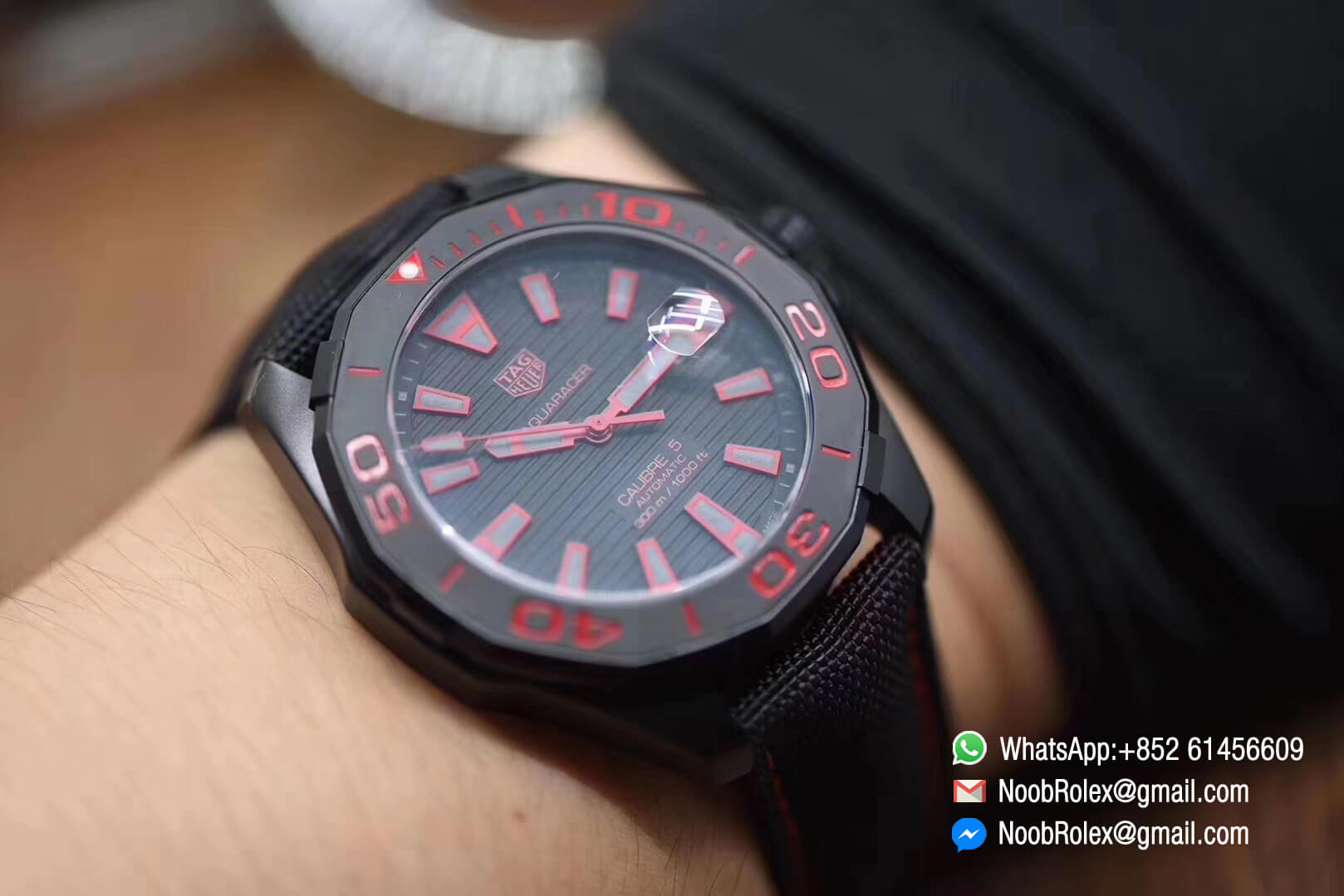 Aquaracer Calibre 5 300M PVD Plated Stainless Steel Case 43mm Black & Red Dial on Brown Nylon Strap A2824 V6F 1:1 Best Edition
