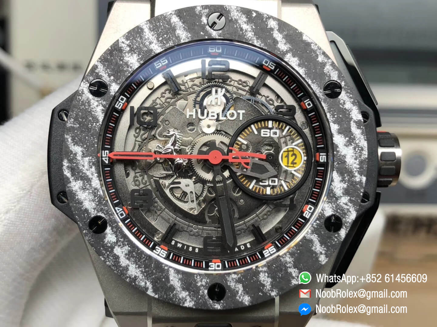 Big Bang 45MM Unico Ferrari 401.NJ.0123.VR Limited Edition Titanium Case Black Skeleton Dial Carbon Fiber with Titanium Bezel HBB V6 Super Clone HUB1241 Manual Winding Movement