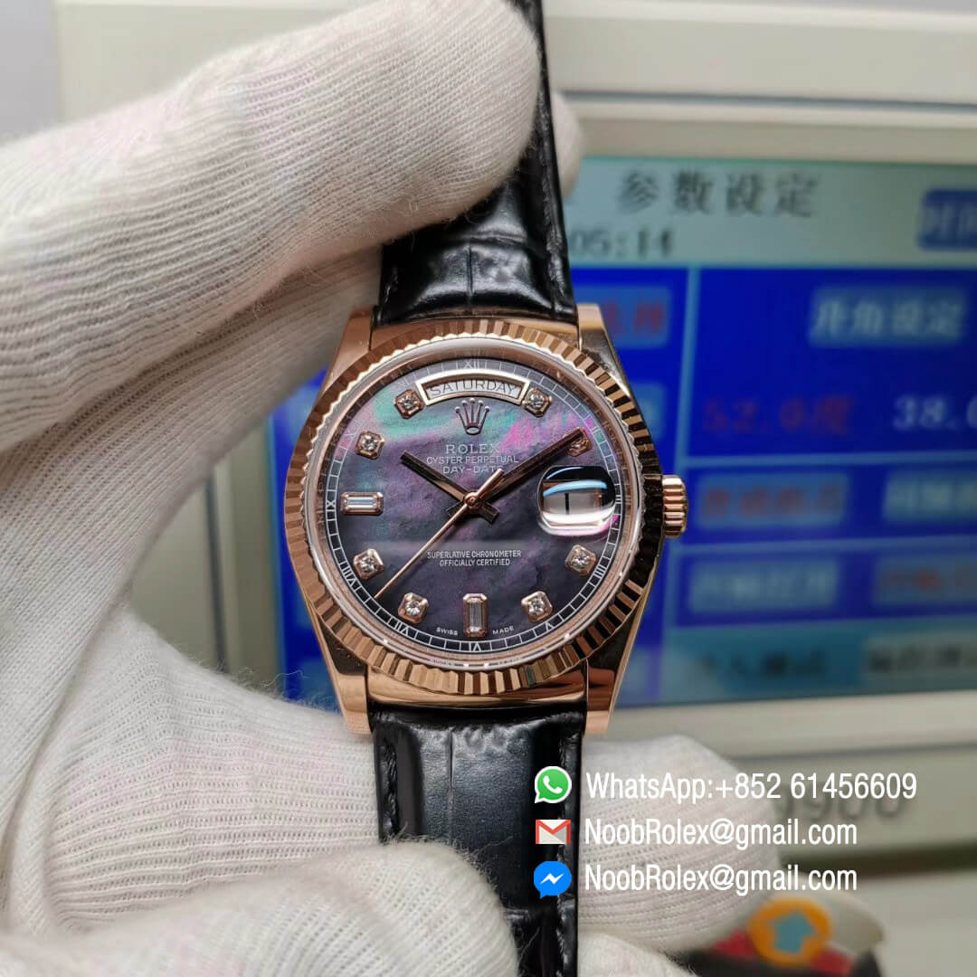 Day-Date 118235 36mm Rose Gold Case Dark Tahitian Mother of Pearl Diamond Dial Fluted Bezel Black Leather Strap Best 1:1 Quality