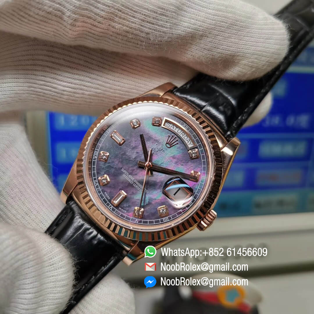 Day-Date 118235 36mm Rose Gold Case Dark Tahitian Mother of Pearl Diamond Dial Fluted Bezel Black Leather Strap Best 1:1 Quality