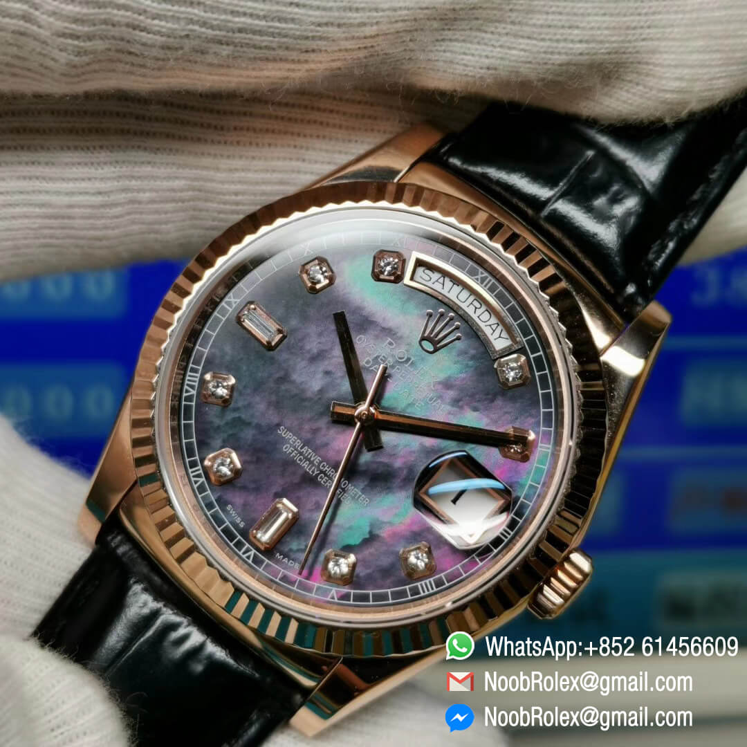 Day-Date 118235 36mm Rose Gold Case Dark Tahitian Mother of Pearl Diamond Dial Fluted Bezel Black Leather Strap Best 1:1 Quality