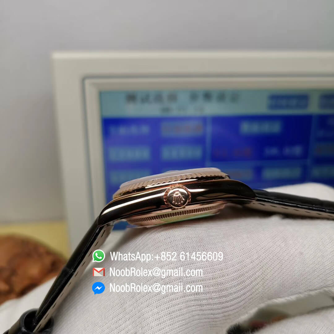 Day-Date 118235 36mm Rose Gold Case Dark Tahitian Mother of Pearl Diamond Dial Fluted Bezel Black Leather Strap Best 1:1 Quality