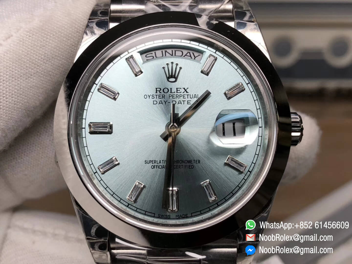 Day Date II Stainless Steel Polished Bezel Ice Blue Dial Crystal Markers on Steel Bracelet A3255 Same Serials Card 1:1 Best Edition