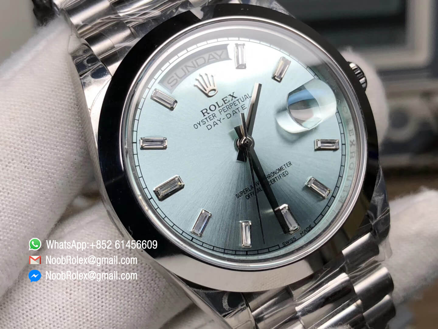 Day Date II Stainless Steel Polished Bezel Ice Blue Dial Crystal Markers on Steel Bracelet A3255 Same Serials Card 1:1 Best Edition